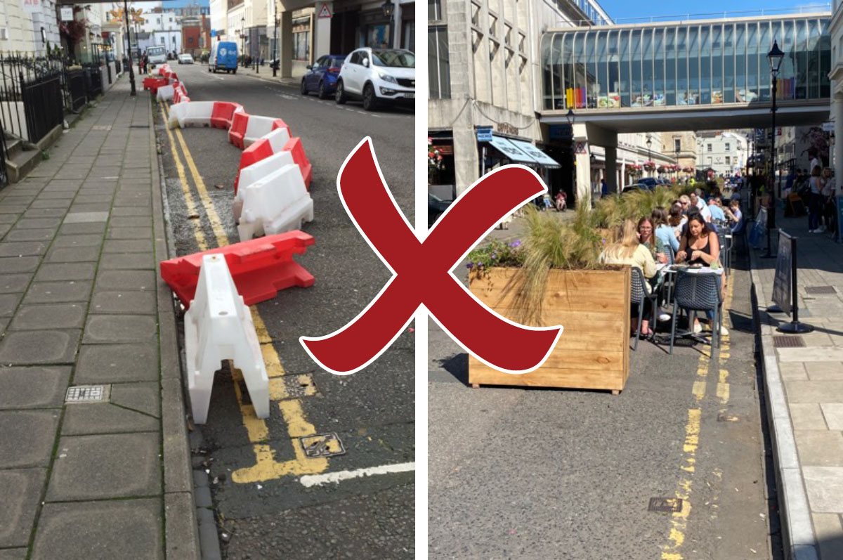 Shows failed temporary barriers and temporary planters on a street with a red cross indicating that this is not how to do things properly.